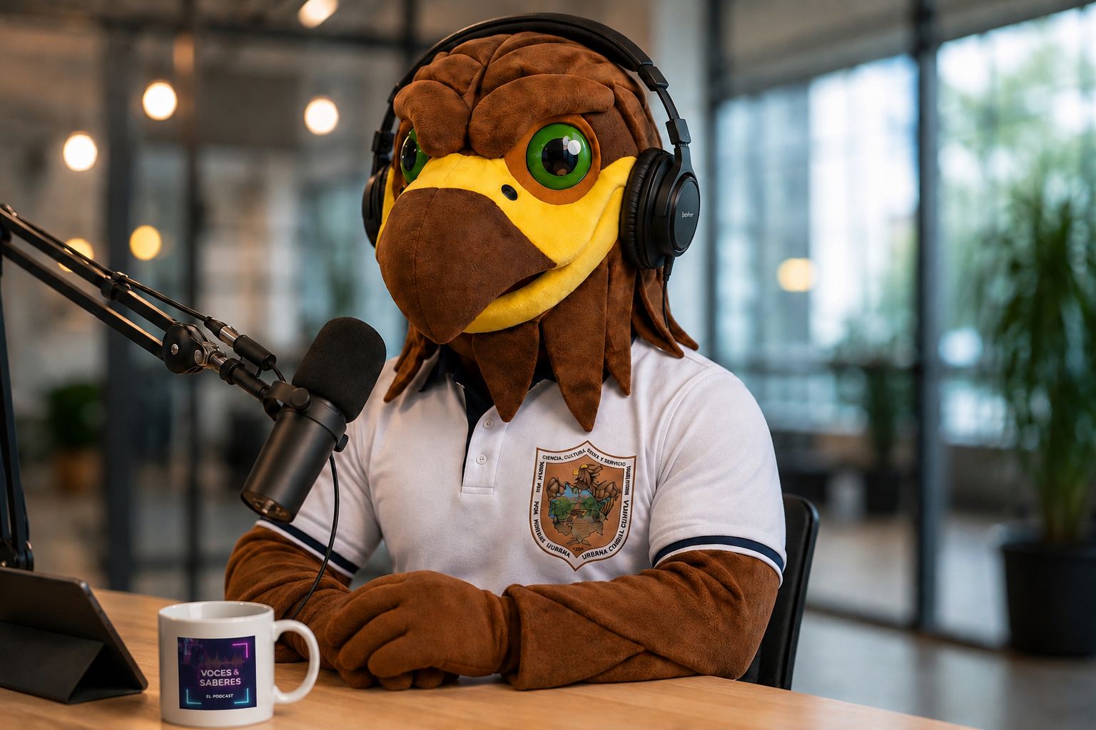 Mascota institucional con audífonos y micrófono para el podcast Voces y Saberes